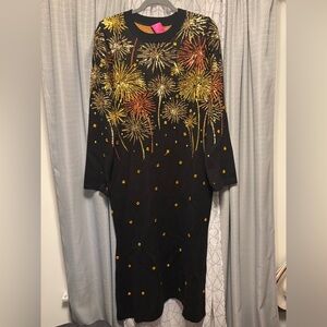 BNWT QUEEN OF SPARKLES Black Midi Dress with Gold and Orange Firework Embroidery